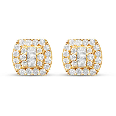 14K Yellow Gold | Round and Baguette Diamond Earrings | 1.07CTW | 10.50MM