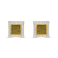 14K Yellow Gold | White and Green Diamonds Square Earrings | 0.76CTW | 14.24MM