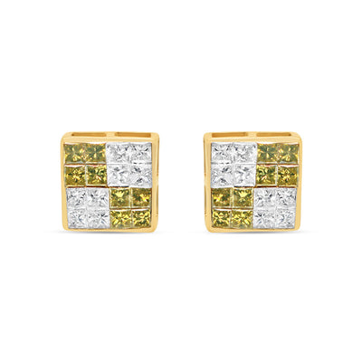 14K Yellow Gold | "4" White and Green Diamonds Square  Earrings | 1.22CTW | 7.73MM