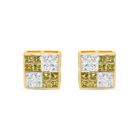 14K Yellow Gold | "4" White and Green Diamonds Square  Earrings | 1.22CTW | 7.73MM