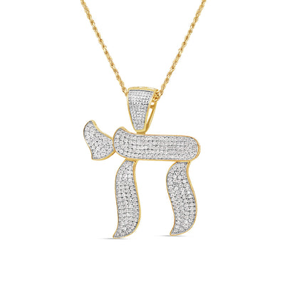 Hebrew Letter "Hai" or "H" with Necklace | 10K Yellow Gold | 28.30MM| 0.85CT
