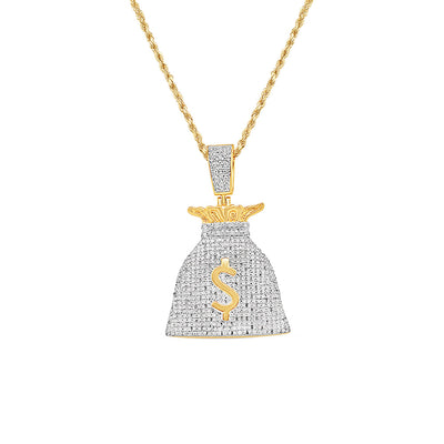 Money Bag Pendant with Necklace | 10K Yellow Gold | 27.09MM| .55CT