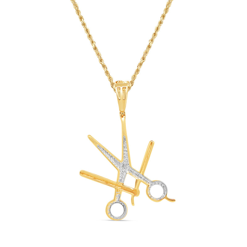 Barber Set - 'Blade + 'Scissors Pendant with Chain | 10K Yellow Gold | 23.70MM | .10CT