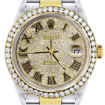 Diamond Gold Rolex Datejust Watch 16233 | 36MM | Full Diamond Roman Dial | Oyster Band