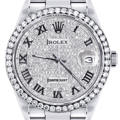 Diamond Rolex Datejust Watch 16200 for Men | 36MM | Full Diamond Roman Dial | Stainless Steel | Oyster Band