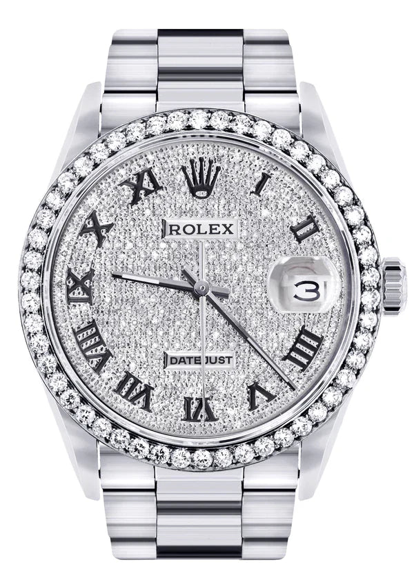 Diamond Rolex Datejust Watch 16200 for Men | 36MM | Full Diamond Roman Dial | Stainless Steel | Oyster Band