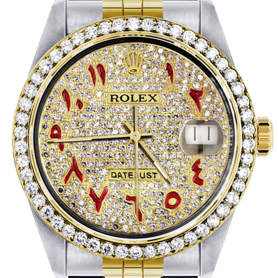 Diamond Rolex Datejust Watch 16233 | 36MM | Custom Red Arabic Full Diamond Dial | Stainless Steel | Jubilee Band
