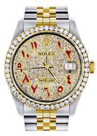 Diamond Rolex Datejust Watch 16233 | 36MM | Custom Red Arabic Full Diamond Dial | Stainless Steel | Jubilee Band