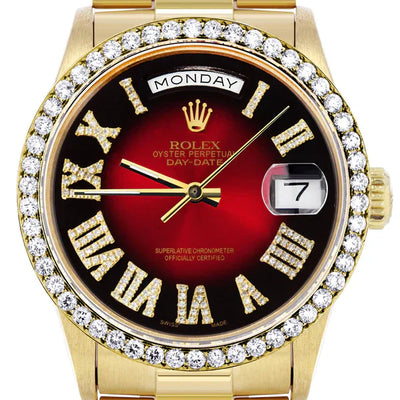 Rolex Day-Date Presidential | Model 18238 | 18K Yellow Gold | 36MM | Diamond Bezel | Red Diamond Roman Numeral