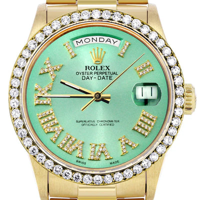 Rolex Day-Date Presidential | Model 18238 | 18K Yellow Gold | 36MM | Diamond Bezel | Light Green Diamond Roman