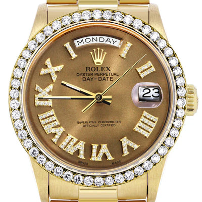 Rolex Day-Date Presidential | Model 18238 | 18K Yellow Gold | 36MM | Diamond Bezel | Diamond Roman Chocolate Dial