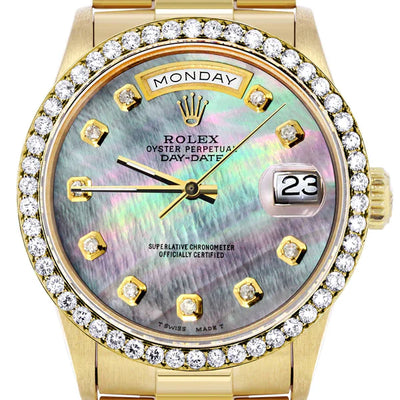 Rolex Day-Date Presidential | Model 18238 | 18K Yellow Gold | 36MM | Diamond Bezel | Dark Mother of Pearl Diamond Dial