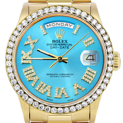 Rolex Day-Date Presidential | Model 18238 | 18K Yellow Gold | 36MM | Diamond Bezel | Light Blue Roman Diamond Dial