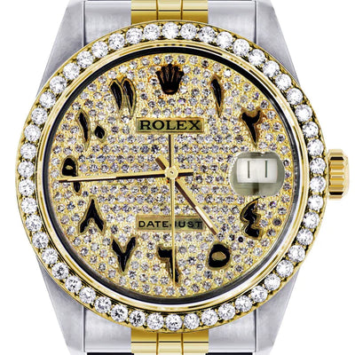 Diamond Gold Rolex Datejust Watch 16233 | 36MM | Black Arabic Full Diamond Dial | Stainless Steel | Jubilee Band