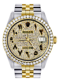 Diamond Gold Rolex Datejust Watch 16233 | 36MM | Black Arabic Full Diamond Dial | Stainless Steel | Jubilee Band
