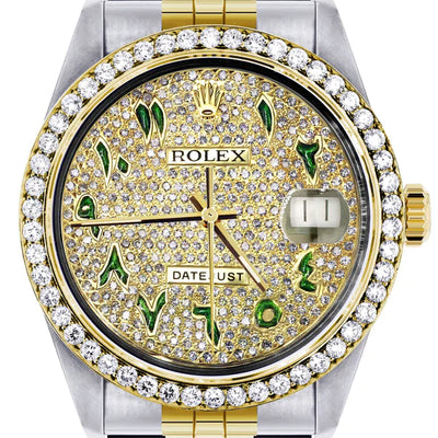 Diamond Gold Rolex Datejust Watch 16233 | 36MM | Custom Green Arabic Full Diamond Dial | Stainless Steel | Jubilee Band