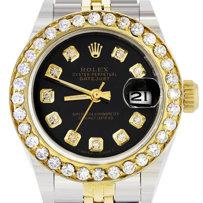 Diamond Rolex Datejust Gold Watch for Women | 1 Carat Bezel | 26MM | Black Dial | Jubilee Band