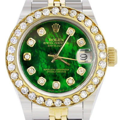 Diamond Rolex Datejust Gold Watch for Women | 1 Carat Bezel | 26MM | Green Pearl Diamond Dial | Jubilee Band
