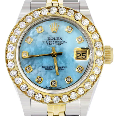Diamond Rolex Datejust Gold Watch for Women | 1 Carat Bezel | 26MM | Blue Pearl Diamond Dial | Jubilee Band