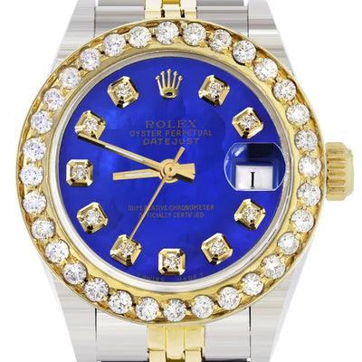 Diamond Rolex Datejust Gold Watch for Women | 1 Carat Bezel | 26MM | Royal Blue Dial | Jubilee Band