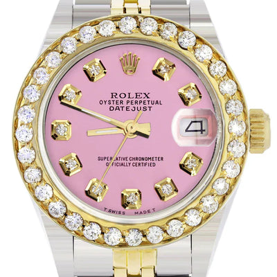 Diamond Rolex Datejust Gold Watch for Women | 1 Carat Bezel | 26MM | Pink Dial | Jubilee Band