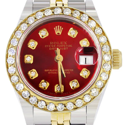 Diamond Rolex Datejust Gold Watch for Women | 1 Carat Bezel | 26MM | Red Pearl Diamond Dial | Jubilee Band