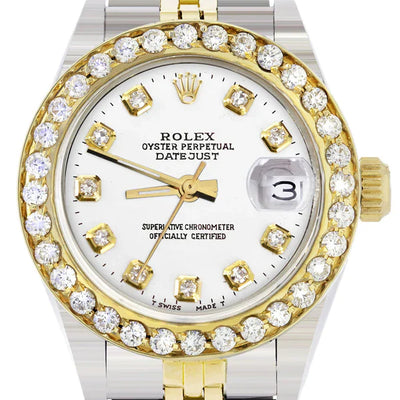 Diamond Rolex Datejust Watch for Women | 1 Carat Bezel | 26MM | White Dial | Jubilee Band