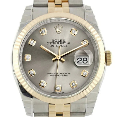 Rolex Datejust 36 Steel Grey Diamond Dial Fluted 18K Gold Two Tone Jubilee Watch 116233