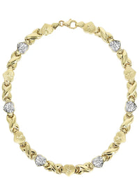 YELLOW GOLD "XO HEART" DIAMOND CUT TWO TONE NECKLACE & BRACELET SET FOR WOMEN | APPX 17.3 GRAMS