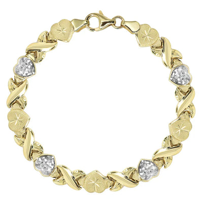 YELLOW GOLD "XO HEART" DIAMOND CUT TWO TONE BRACELET FOR WOMEN 10K/14K