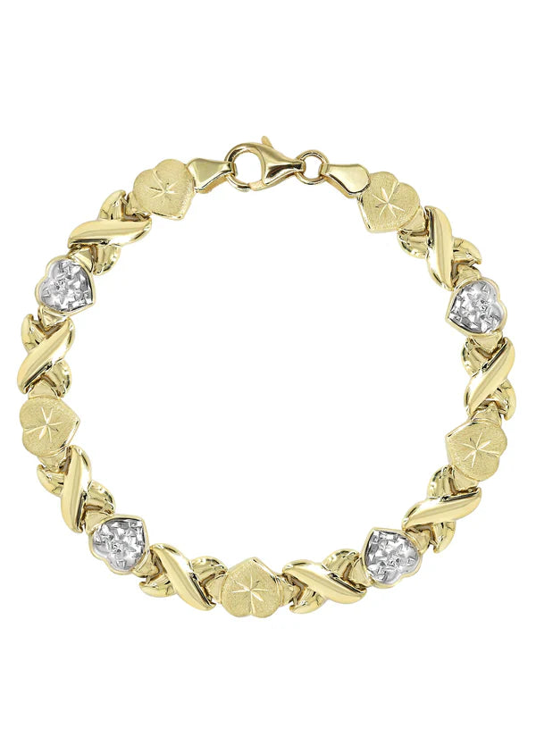 YELLOW GOLD "XO HEART" DIAMOND CUT TWO TONE BRACELET FOR WOMEN 10K/14K