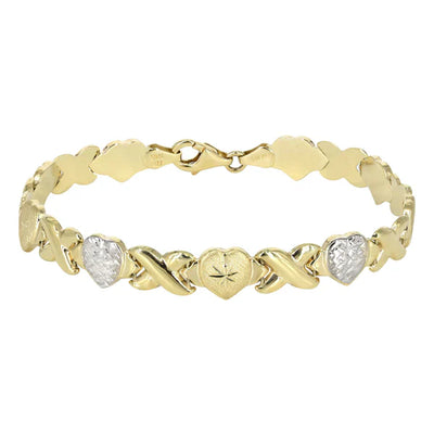 YELLOW GOLD "XO HEART" DIAMOND CUT TWO TONE NECKLACE & BRACELET SET FOR WOMEN | APPX 17.3 GRAMS