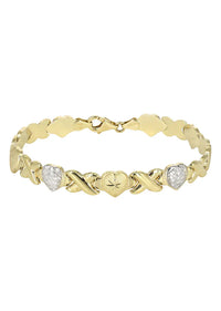 YELLOW GOLD "XO HEART" DIAMOND CUT TWO TONE NECKLACE & BRACELET SET FOR WOMEN | APPX 17.3 GRAMS