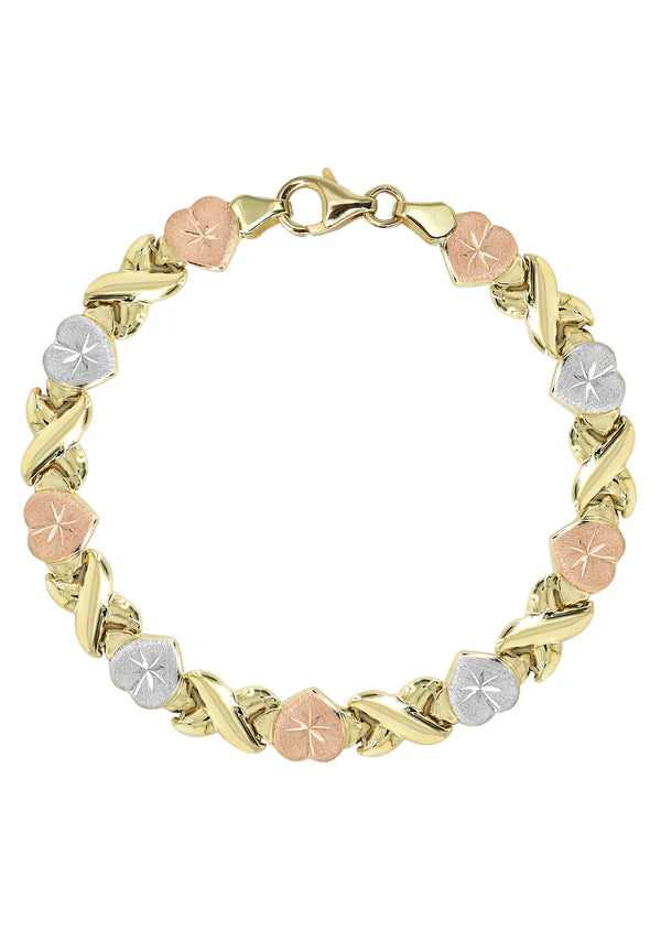 YELLOW GOLD "XO HEART" TRI-COLOR NECKLACE & BRACELET SET FOR WOMEN | APPX 17.9 GRAMS