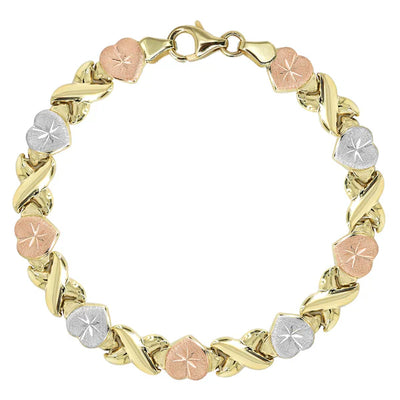 YELLOW GOLD "XO HEART" TRI-COLOR BRACELET FOR WOMEN 10K/14K