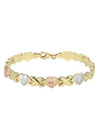 YELLOW GOLD "XO HEART" TRI-COLOR NECKLACE & BRACELET SET FOR WOMEN | APPX 17.9 GRAMS