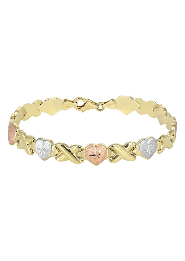 YELLOW GOLD "XO HEART" TRI-COLOR NECKLACE & BRACELET SET FOR WOMEN | APPX 17.9 GRAMS