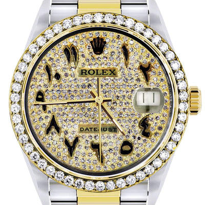 Diamond Gold Rolex Datejust Watch 16233 | 36MM | Black Arabic Full Diamond Dial | Stainless Steel | Oyster Band