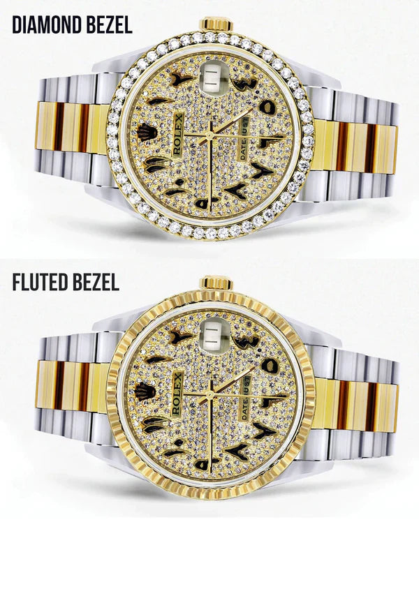 Diamond Gold Rolex Datejust Watch 16233 | 36MM | Black Arabic Full Diamond Dial | Stainless Steel | Oyster Band