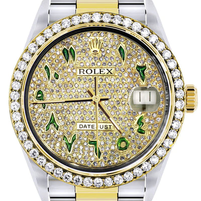 Diamond Gold Rolex Datejust Watch 16233 | 36MM | Custom Green Arabic Full Diamond Dial | Stainless Steel | Oyster Band