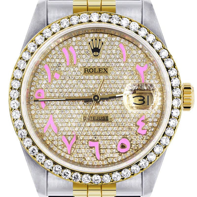 Diamond Gold Rolex Datejust Watch 16233 | 36MM | Pink Arabic Full Diamond Dial | Stainless Steel | Jubilee Band