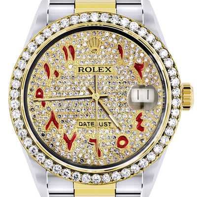 Diamond Rolex Datejust Watch 16233 | 36MM | Custom Red Arabic Full Diamond Dial | Stainless Steel | Oyster Band