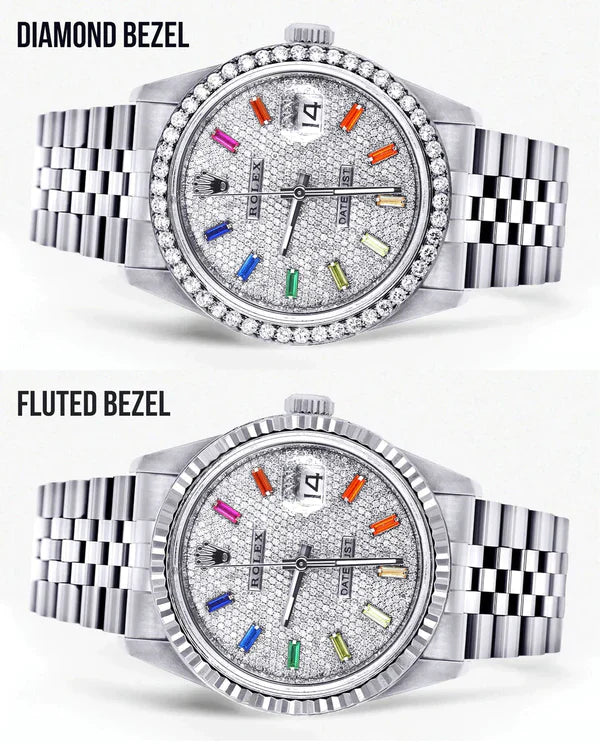 Diamond Rolex Datejust Watch 16200 | 36MM | Diamond Color Baguettes Dial | Stainless Steel | Jubilee Band