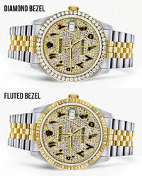 Diamond Gold Rolex Datejust Watch 16233 | 36MM | Black Arabic Full Diamond Dial | Stainless Steel | Jubilee Band
