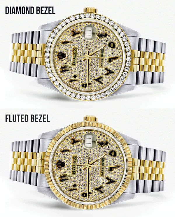 Diamond Gold Rolex Datejust Watch 16233 | 36MM | Black Arabic Full Diamond Dial | Stainless Steel | Jubilee Band