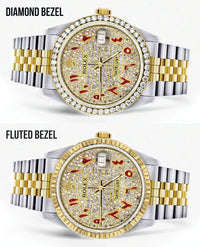 Diamond Rolex Datejust Watch 16233 | 36MM | Custom Red Arabic Full Diamond Dial | Stainless Steel | Jubilee Band
