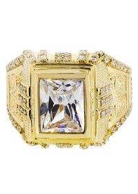 Mens Rock Crystal Ring | 10K Solid Yellow Gold
