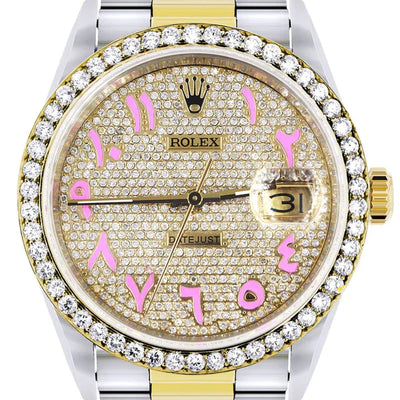 Diamond Gold Rolex Datejust Watch 16233 | 36MM | Pink Arabic Full Diamond Dial | Stainless Steel | Oyster Band