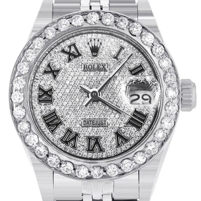 Diamond Rolex Datejust Watch for Women | 1 Carat Bezel | 26MM | Diamond Roman Numeral Dial | Jubilee Band