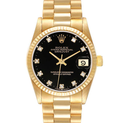 rolex president midsize yellow gold onyx diamond dial ladies watch